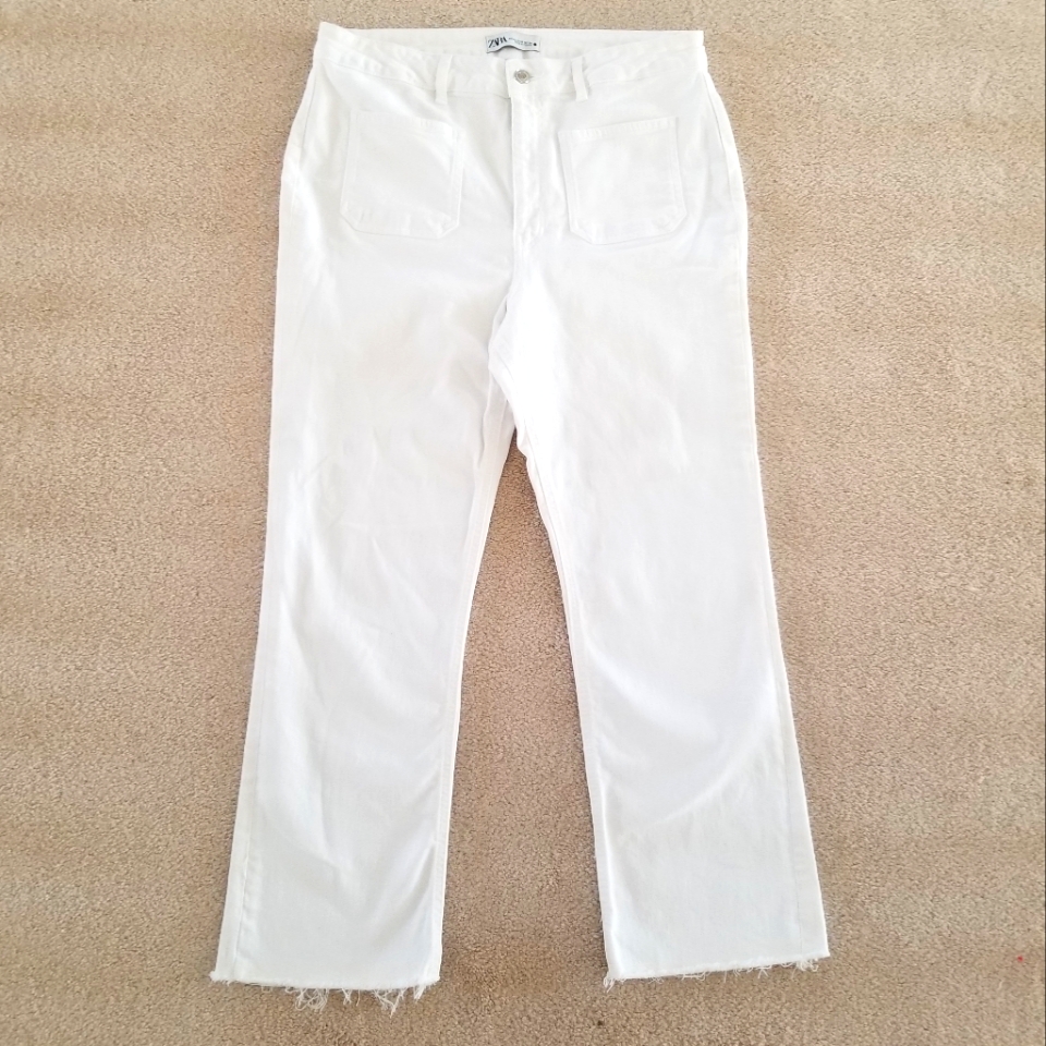 Zara White Front Patch Pocket Cropped High Rise Jeans Size 12